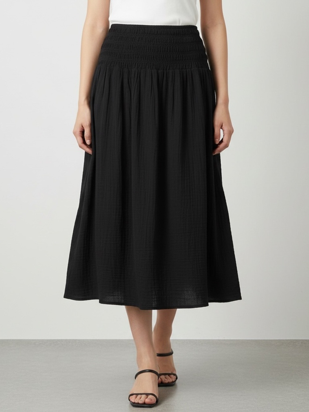 Old Navy | Black minimalist smocked waist gauzy midi skirt size large